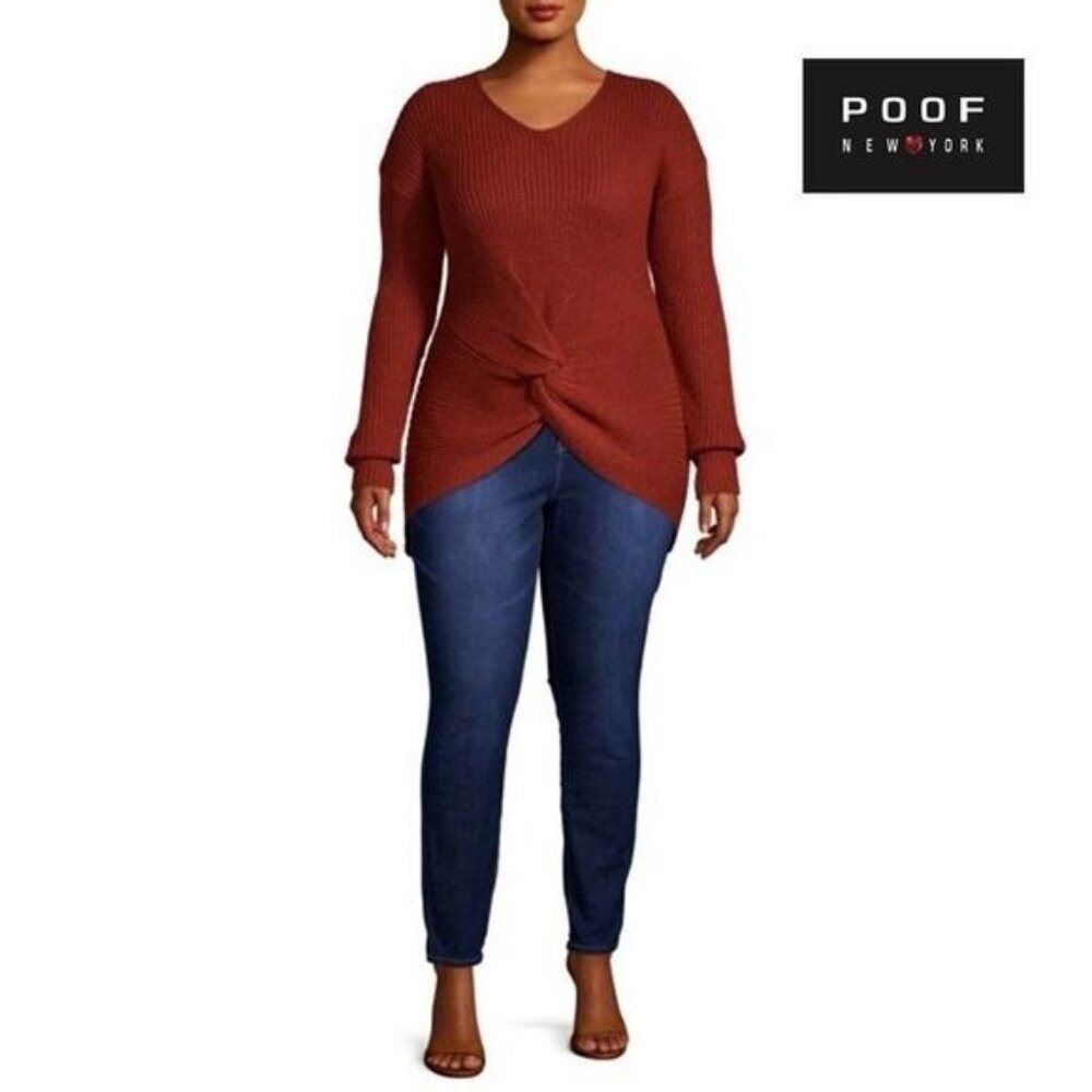 POOF Women's V-Neck Criss‎ Cross Twisted Pullover Knitted Knot Front sweater